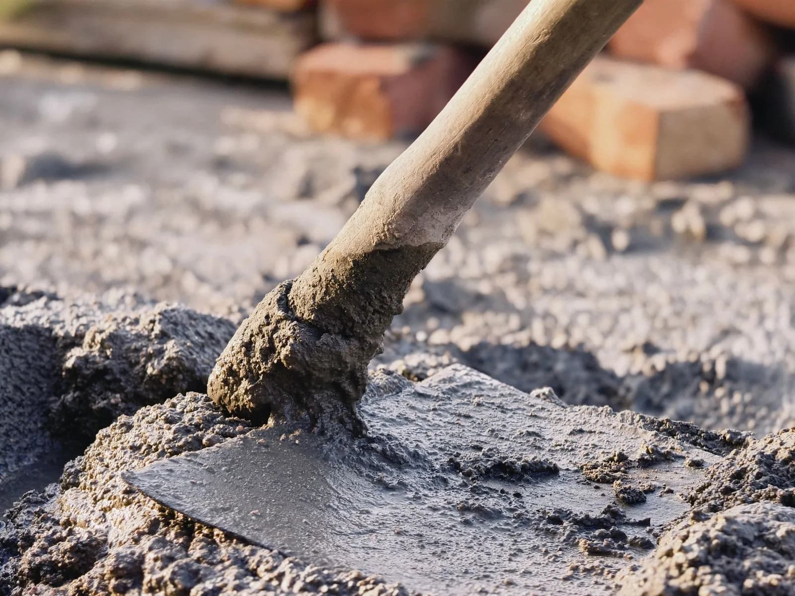 Schaufel mischt nassen Zementmörtel auf einer Baustelle, im Hintergrund liegen Ziegelsteine